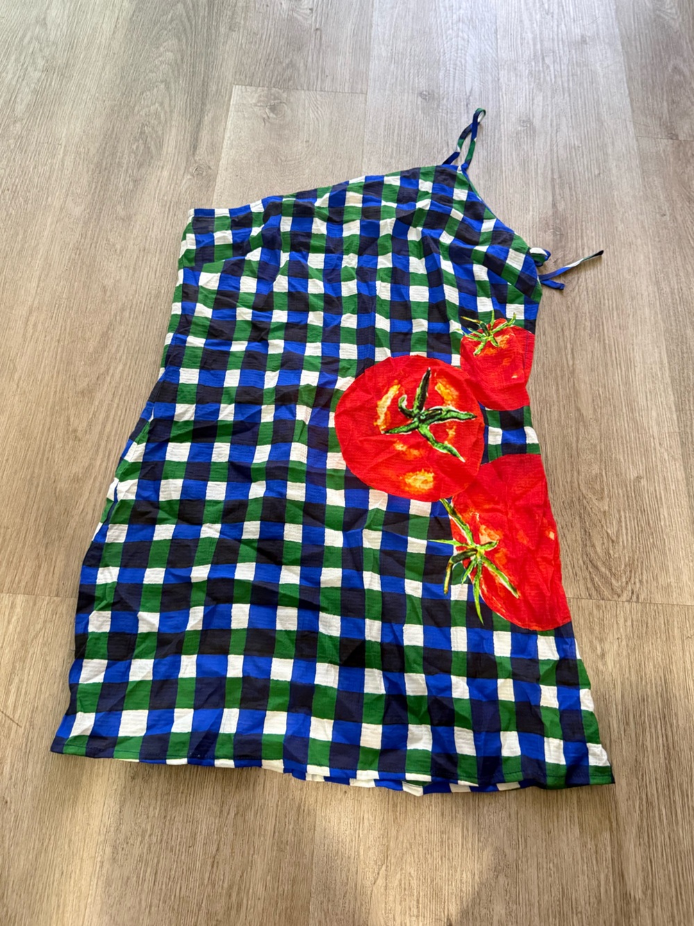 hutch hazy blue check & tomatoe print mini bikini swimwear cover up dress small
